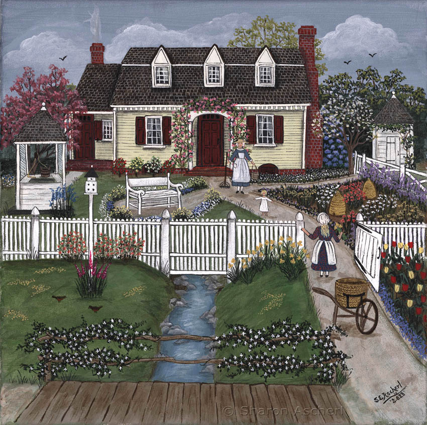 Charlottes Cottage and Garden - painting by Maryland Folk Art Artist Sharon Ascherl