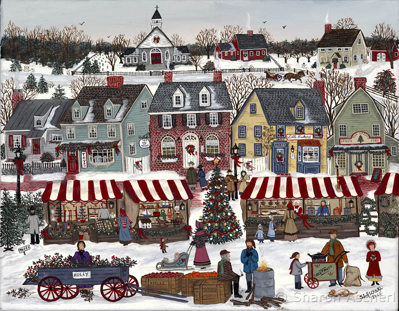 Little Tillburys Christmas Market - painting by Maryland Folk Art Artist Sharon Ascherl
