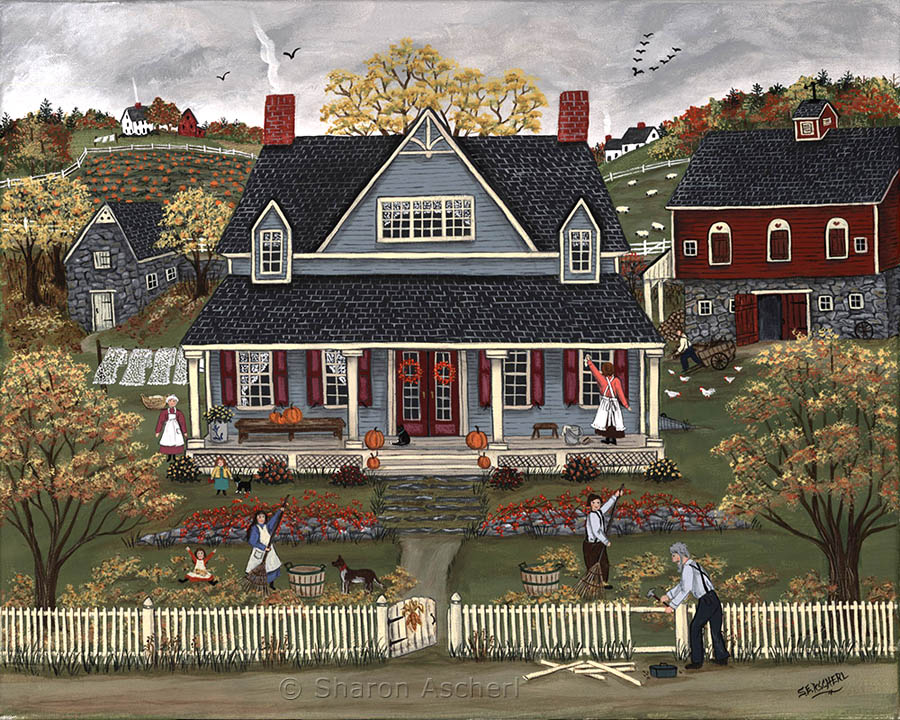 Bittersweet Hill Farm Autumn Chores - painting by Maryland Folk Art Artist Sharon Ascherl