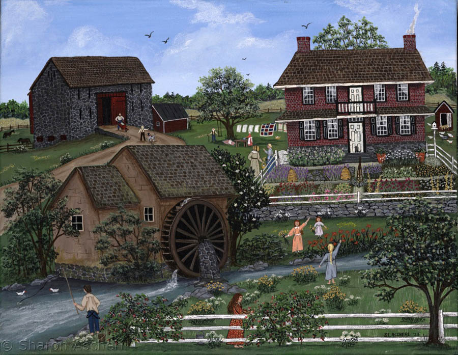 Christian Baier�s Farm and Mill - painting by Maryland Folk Art Artist Sharon Ascherl