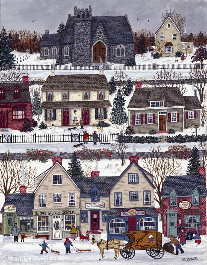 Deep Winter at Hillside Village - painting by Maryland Folk Art Artist Sharon Ascherl
