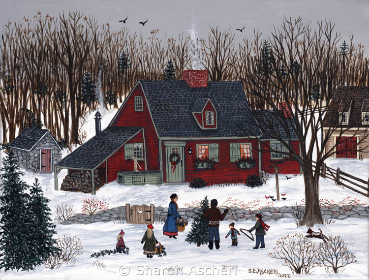 Gathering the Holly and the Ivy - painting by Maryland Folk Art Artist Sharon Ascherl