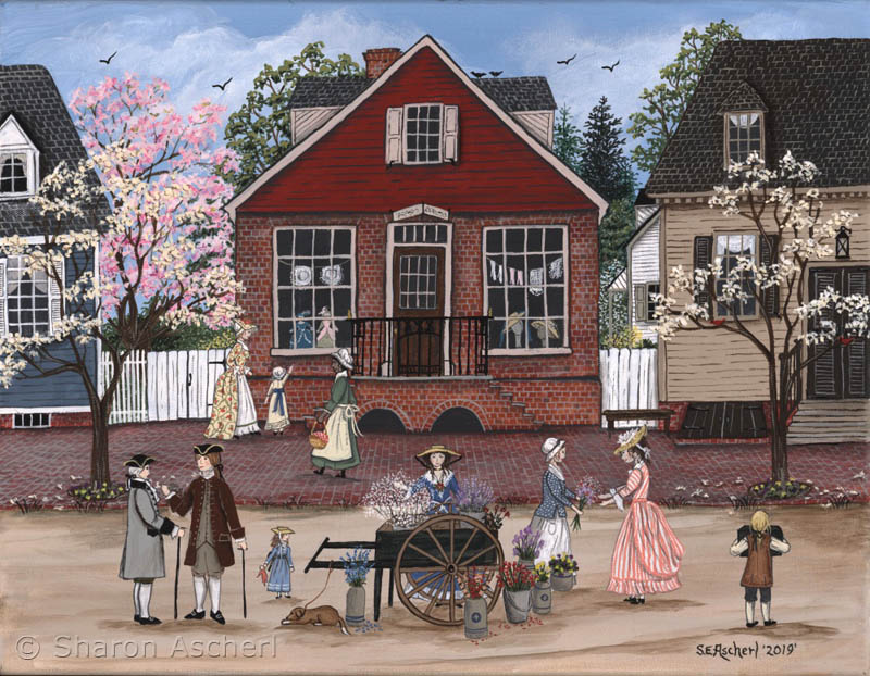 Margaret Hunter�s Millinery Shop, Williamsburg Virginia painting by Maryland Folk Art Artist Sharon Ascherl