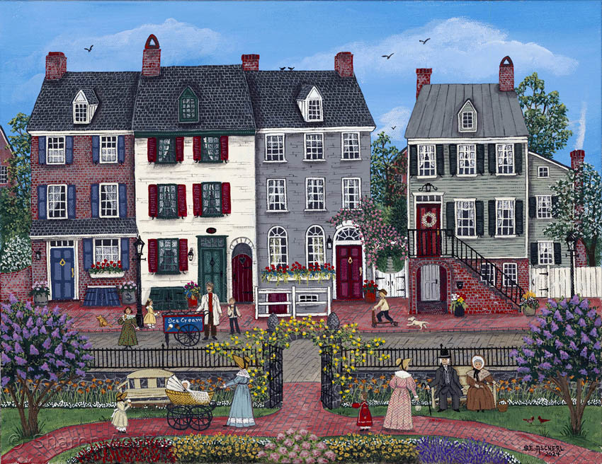 Pleasant Street & Park - painting by Maryland Folk Art Artist Sharon Ascherl