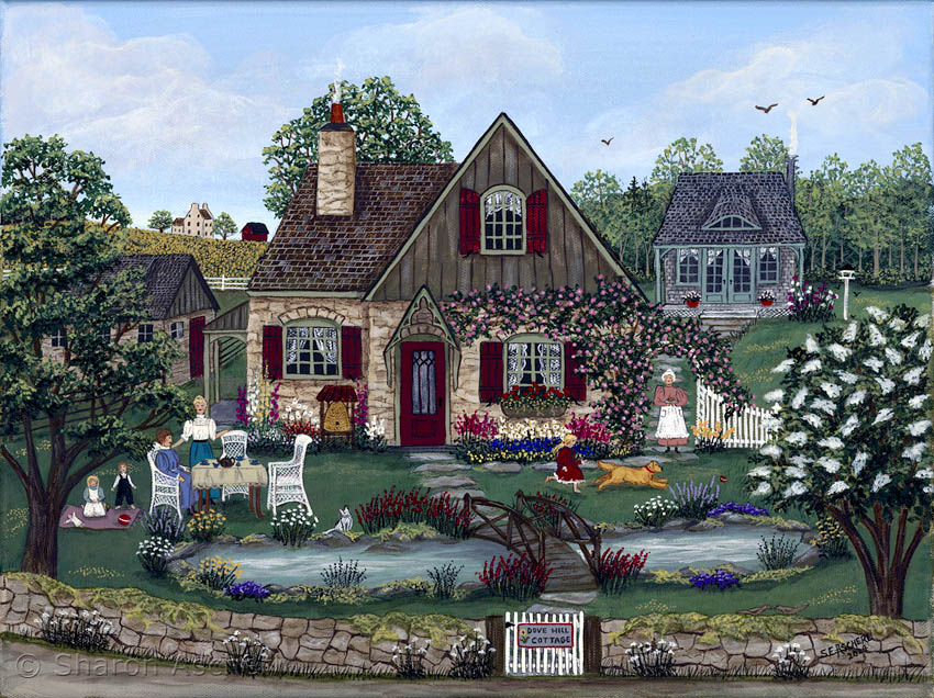 Tea at Dove Hill Cottage - painting by Maryland Folk Art Artist Sharon Ascherl